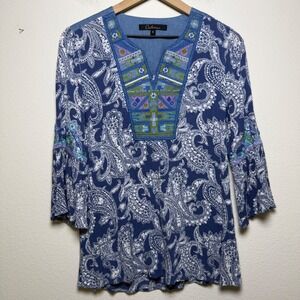 Caleesa Women Tunic Top Small Blue Paisley Embroidered V-Neck Lagenlook‎ Artsy